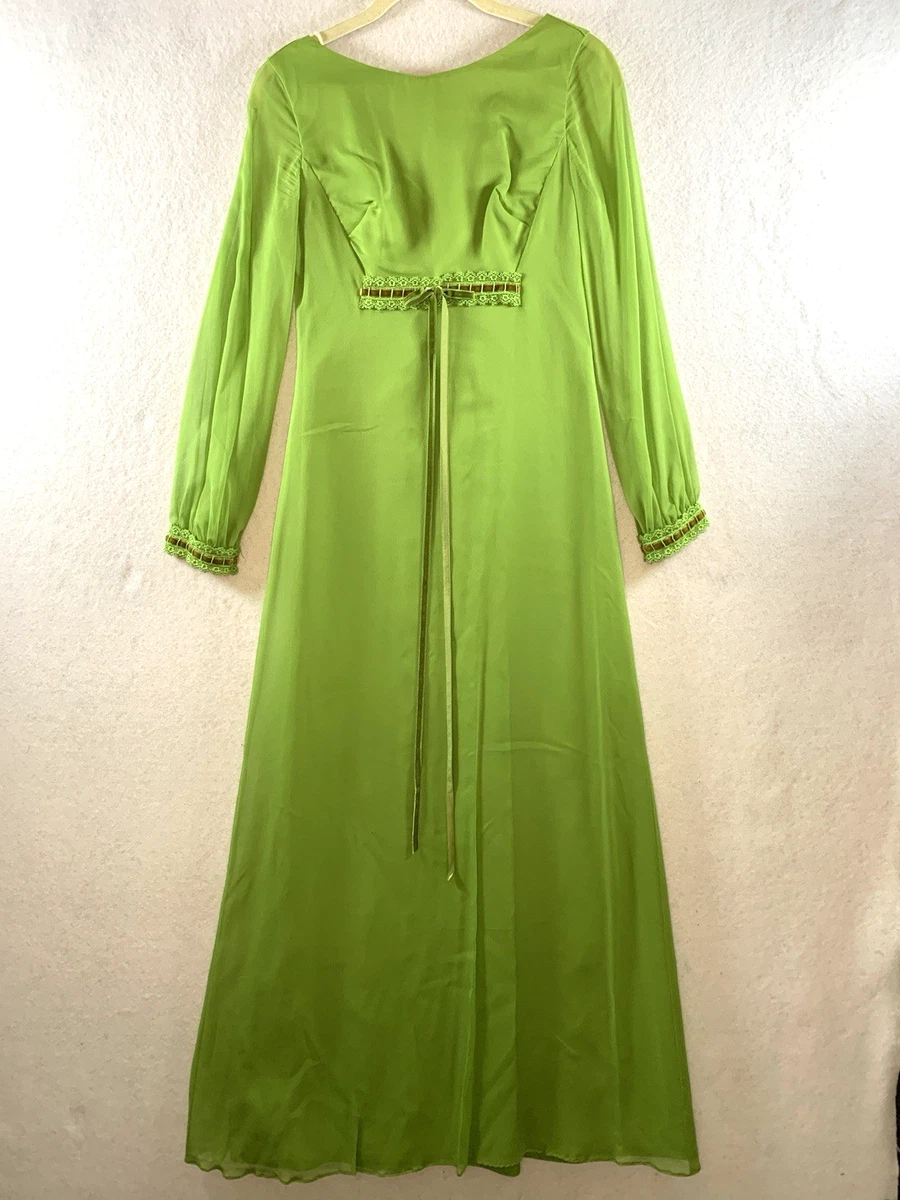 chinese dress ladies Vintage 70s Lime Green Chiffon Miss Elliette Maxi Dress – ChicCityVintage
