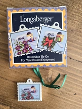 Longaberger 1999 Reversible Stamp Basket Tie-On Mailbox and Floral Ceramic Tag