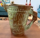Large Vintage MCM Frankoma Prairie Green Pottery Pitcher 7D Mayan Aztec 8" Tall