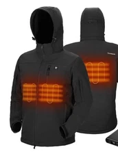 Mens Heated Jacket, Removable Hood, Battery Pack, Waterproof, Insulated