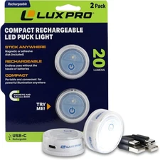LUXPRO Waterproof Micro LED Rechargeable Puck Lights - Mini Puck Lights - 2 Pack