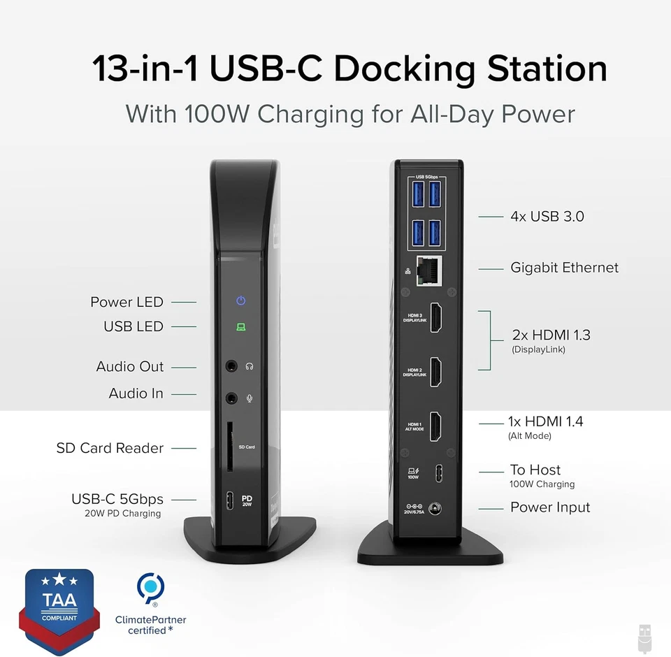 Plugable USB-C Triple Monitor Docking Station: 13-in-1 Laptop Dock with Black  - Image 2 of 4