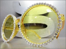 OVERSIZED EXAGGERATED RETRO SUNGLASSES Large Huge Round Yellow Frame Rhinestones