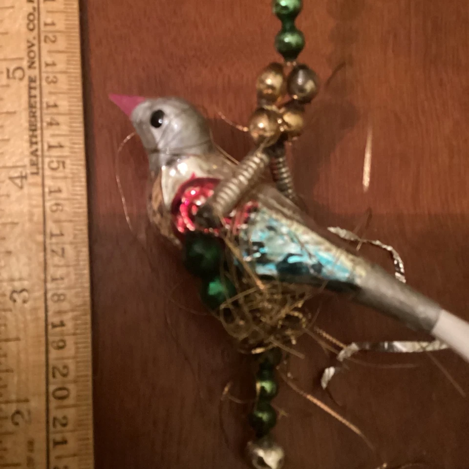 ANTIQUE Mother Bird & Tinsel Nesting Swing Mercury glass spiral beads See Video - Image 4 of 4