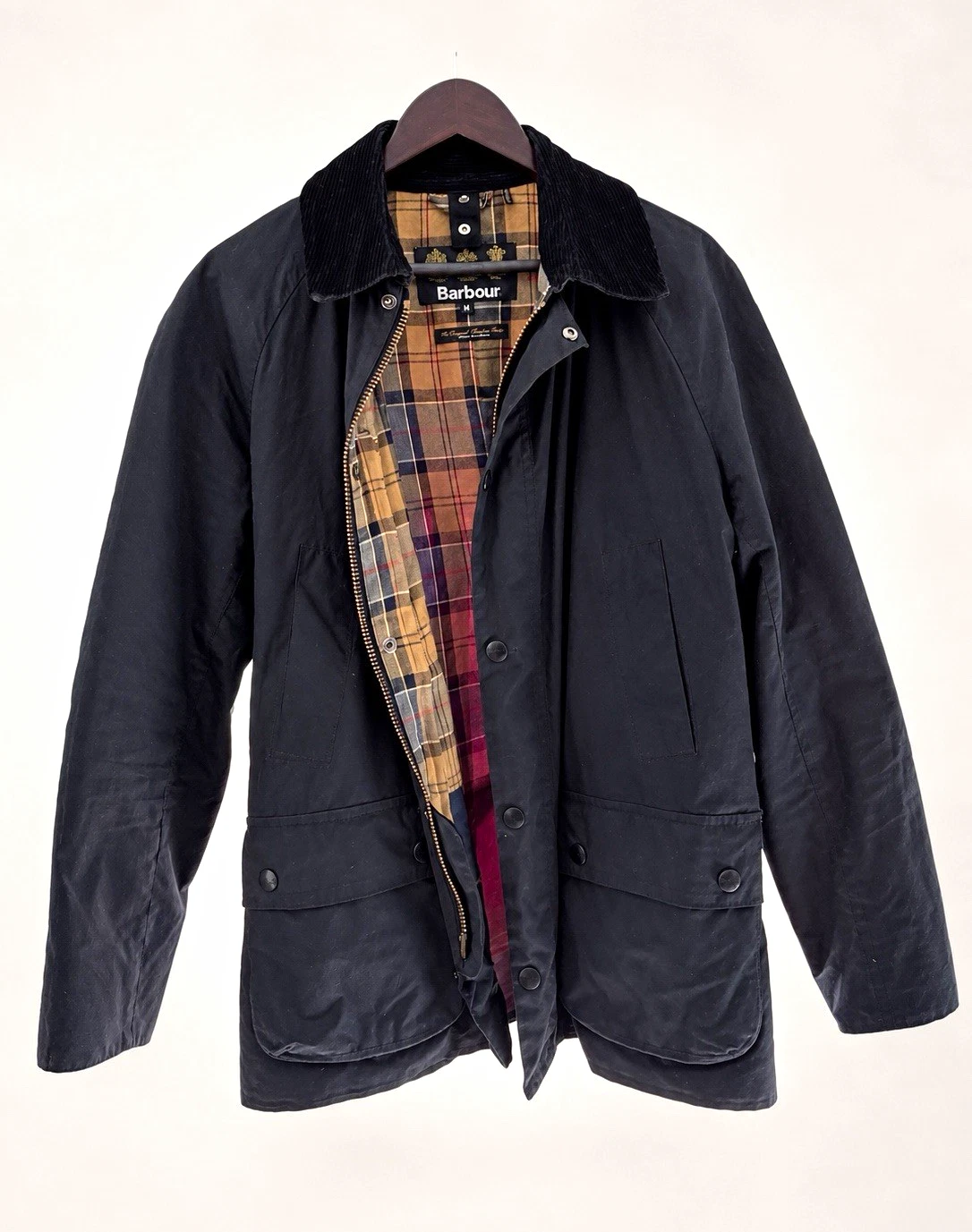 Barbour Ashby Men's Navy Waxed Cotton Jacket Full Zip Corduroy Collar M - product detail image 1