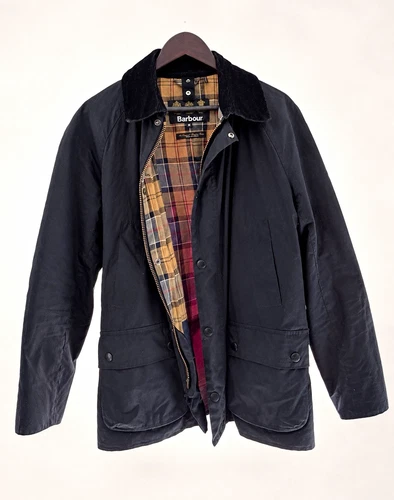 Barbour Ashby Men's Navy Waxed Cotton Jacket Full Zip Corduroy Collar M - product listing photo