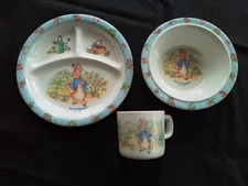 Vtg Peter Rabbit and Friends Childs Divided Melamine Plate, Bowl & Cup by Eden