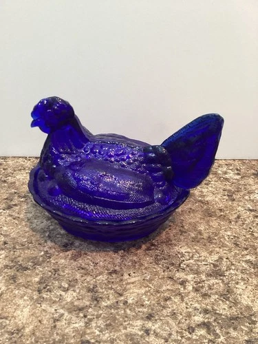 Hen on Nest Chicken Cobalt Blue Glass Depression Style Candy Dish, Vintage Style