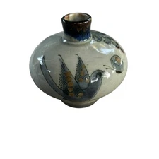 Mexican Tonala Pottery Ken Edwards Blue Bird  Squat Bud Vase