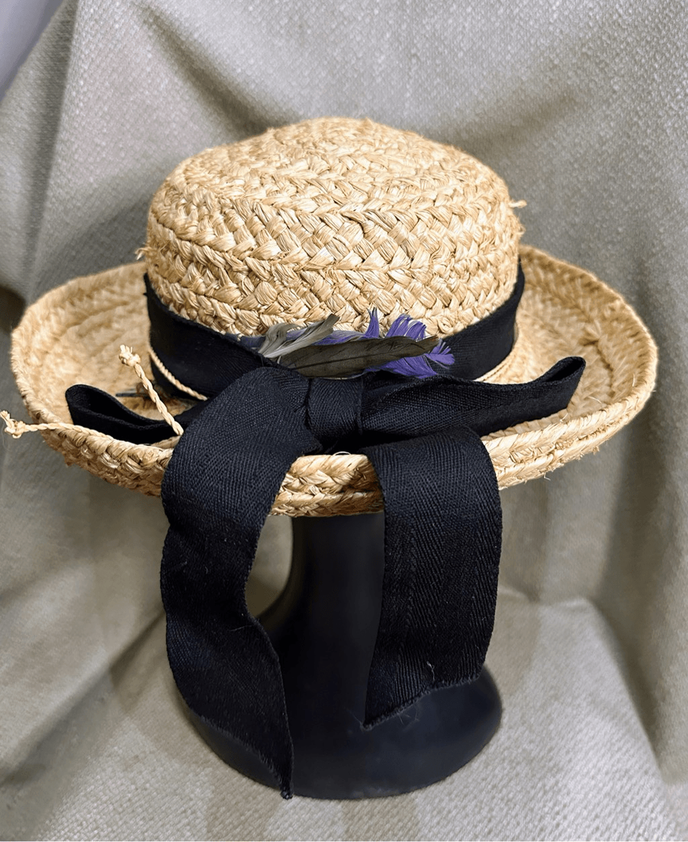 Vintage Scala Collection Woven Straw Hat Black Ribbon Trim Bow Feather Boho