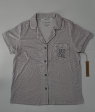 Rae Dunn First Coffee Button-Up Short Sleeve Top with Long Pants Pajama Set - M