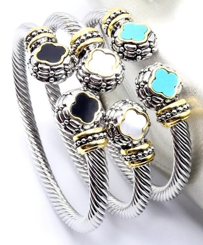 UNIQUE 18kt Gold Plated Cable Dots Texture Turquoise Clover Flower Cuff Bracelet - Picture 11 of 11