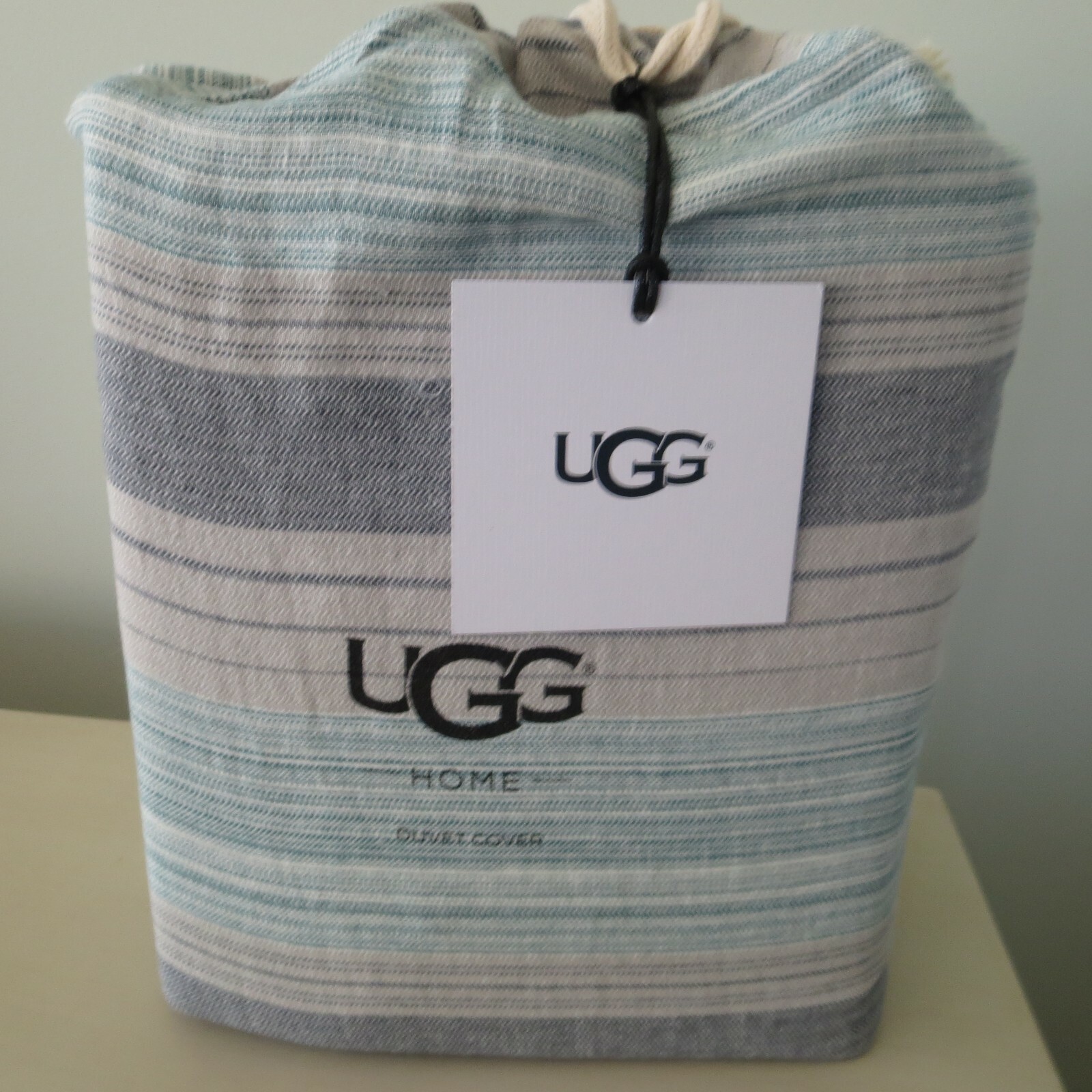 UGG AUSTRALIA TATUM STRIPE GRAY & TEAL COTTON QUEEN DUVET COVER BEDDING