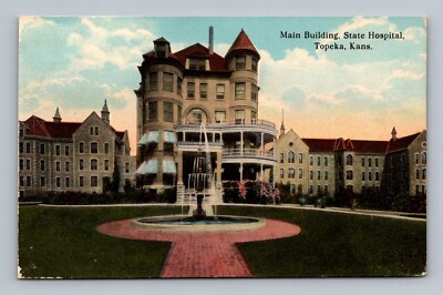 #ad Postcard KS Topeka Kansas State Hospital Main Building Water Fountain Vintage $4.95