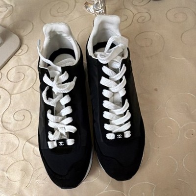 CHANEL Black White Athletic Sneakers Low Top Lace-Up Nylon IC45587