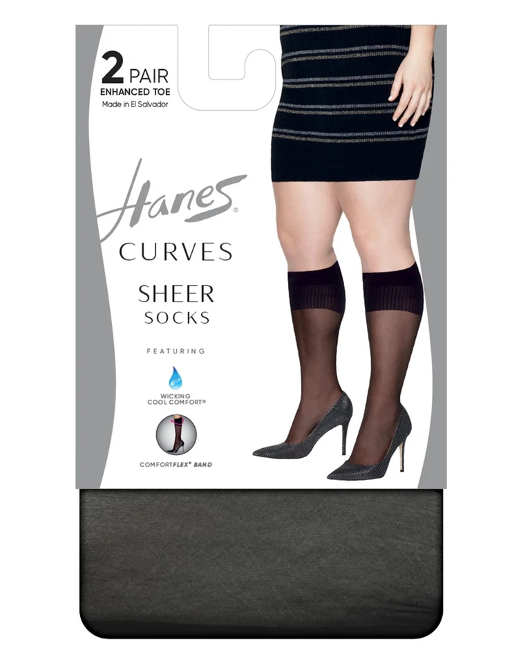 Paquete de 2 calcetines Hanes curvas pura comodidad banda flexible debajo de la rodilla punta mejorada 1X-4X