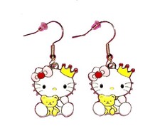 Hello Kitty Gold Crown Teddy Bear Pink Ribbon Gold Plated Dangle Drop Earrings
