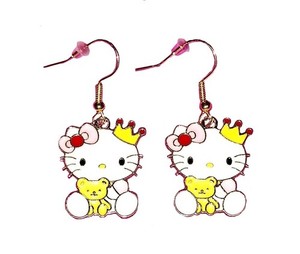 Authentic Hello Kitty Gold Crown Teddy Bear Pink Ribbon Gold Plated Dangle Drop Earrings