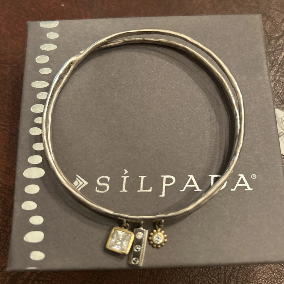 Brazalete doble Silpada plata esterlina circonita cúbica latón dijes B3079 Foto 3 de 3