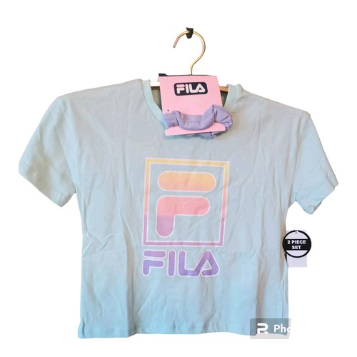 Fila Purple Shorts Set 10 Girls BONUS Hair Scrunchie Fila Spellout Mesh Shorts - Picture 2 of 5