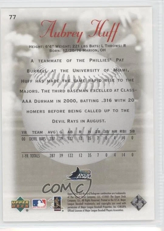 2001 Upper Deck Sweet Spot Sweet Beginnings /1000 Aubrey Huff #77 - Image 2 of 2