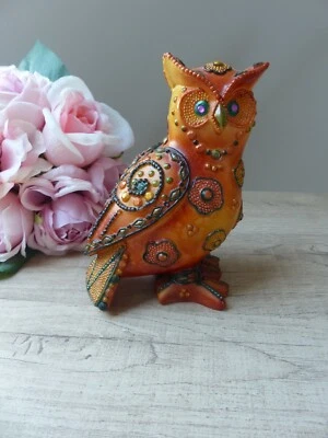 Statuette Chouette Hibou en Résine Orange Vintage - Photo 1/4