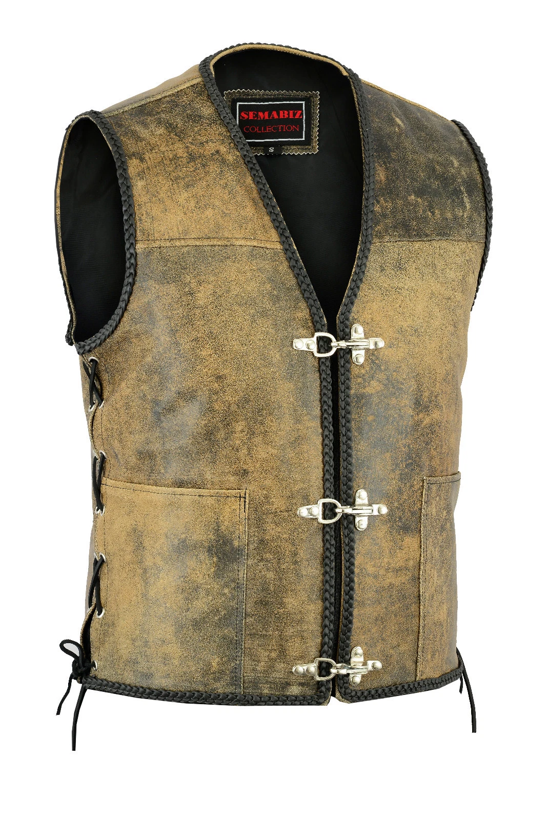 MEN DISTRESSED LEATHER FISH HOOK BUCKLE SIDE LACE MOTORCYCLE WAISTCOAT - BROWN
