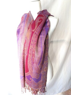Women's Tapestry Scarf Throw Wrap Purple Gold Paisley Lux Look Fringed One Size