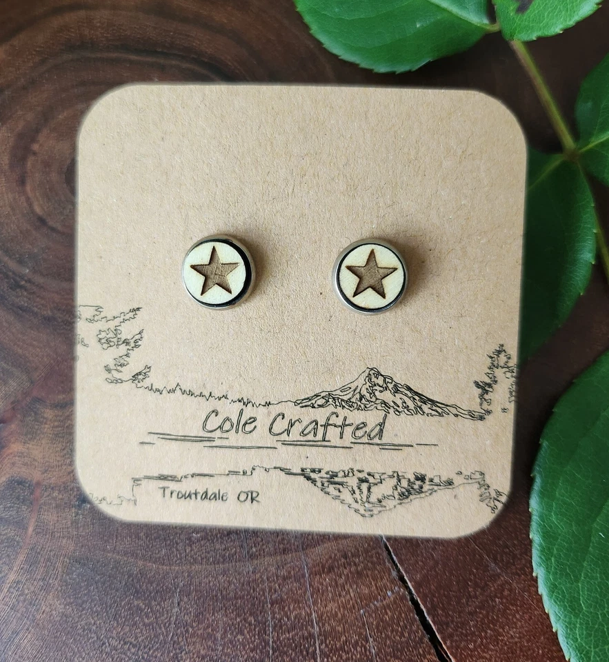 Серьги-звезды деревянные ручной работы с ободком 8 мм небесный патриот вестерн богемное подарок - Изображение 3 из 4