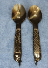 Fish Shape Salad Fork & Spoon Plastic Vintage Embossed Scales Mother Pearl Eyes