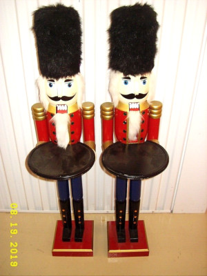 VINTAGE christmas 2 SERVING Nutcrackers ALL WOOD 46'' w/Large Tall felt fur hats!