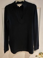 Tory Burch Cashmere Tunic Sweater XS Black VNeck Long Sleeve textured trims slit