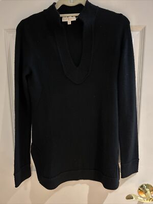 Tory Burch Cashmere Tunic Sweater XS Black VNeck Long Sleeve textured trims slit
