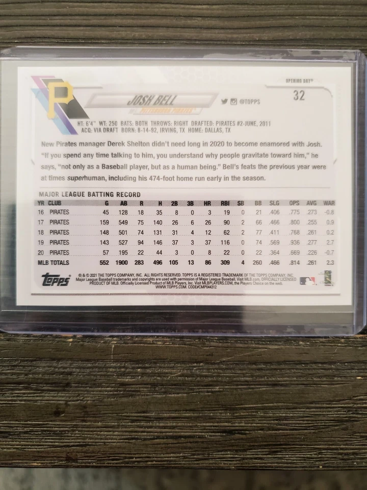 2021 TOPPS OPENING DAY BLUE FOIL APRIL 1,2021 #32 JOSH BELL PIRATES - Image 2 of 2