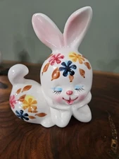 Vintage Kitsch Japan Ceramic Floral Closed Eye Sweet Bunny Rabbit Bank Figurine