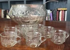 Vintage Fruit Clear Jeanette Complete Punch Bowl Set w/ 8 Cups, 7 Hooks, Ladle