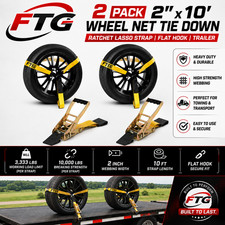 Ftg 2x10 Wheel Net Tie Down Ratchet Lasso Strap Flat Hook Trailer 2 Pack