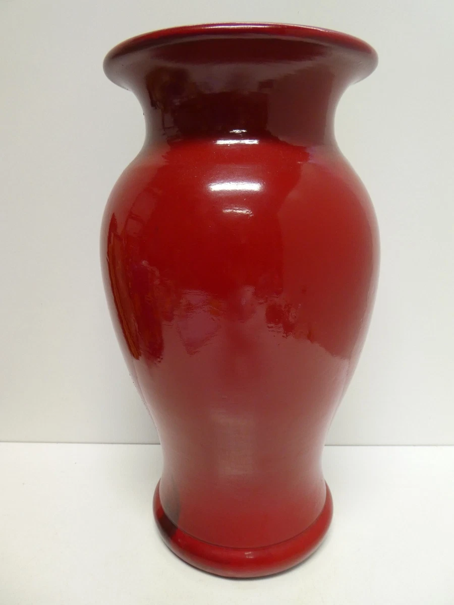 LARGE CHINESE POTTERY CERAMIC BOULBOUS VASE - PAINTED OX BLOOD RED