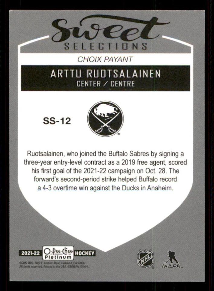 2021-22 O-Pee-Chee Platinum Sweet Selections #SS12 Arttu Ruotsalainen - Image 2 of 2