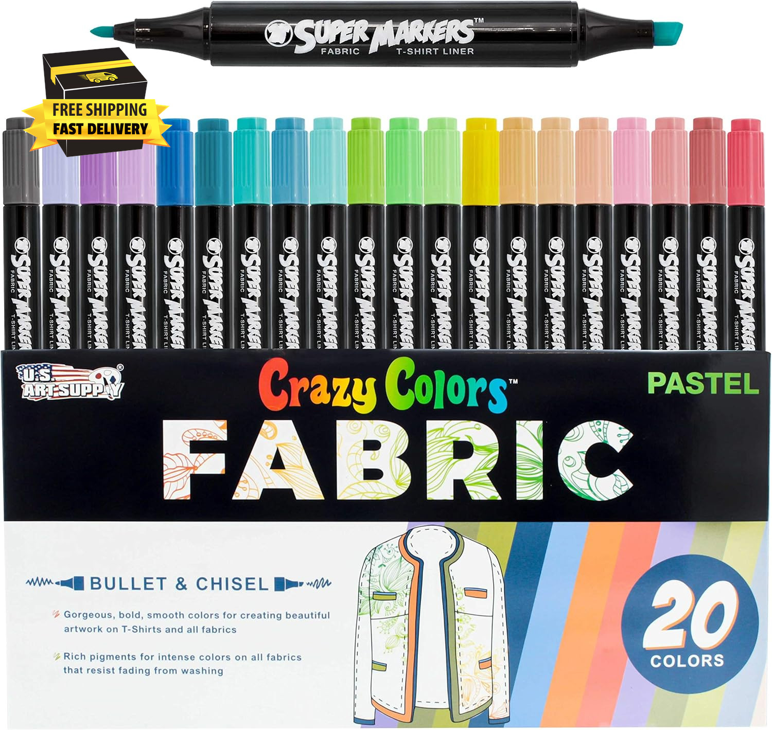 20 Pastel Dual Tip Fabric Markers - Fine & Chisel Point Pens Fabri