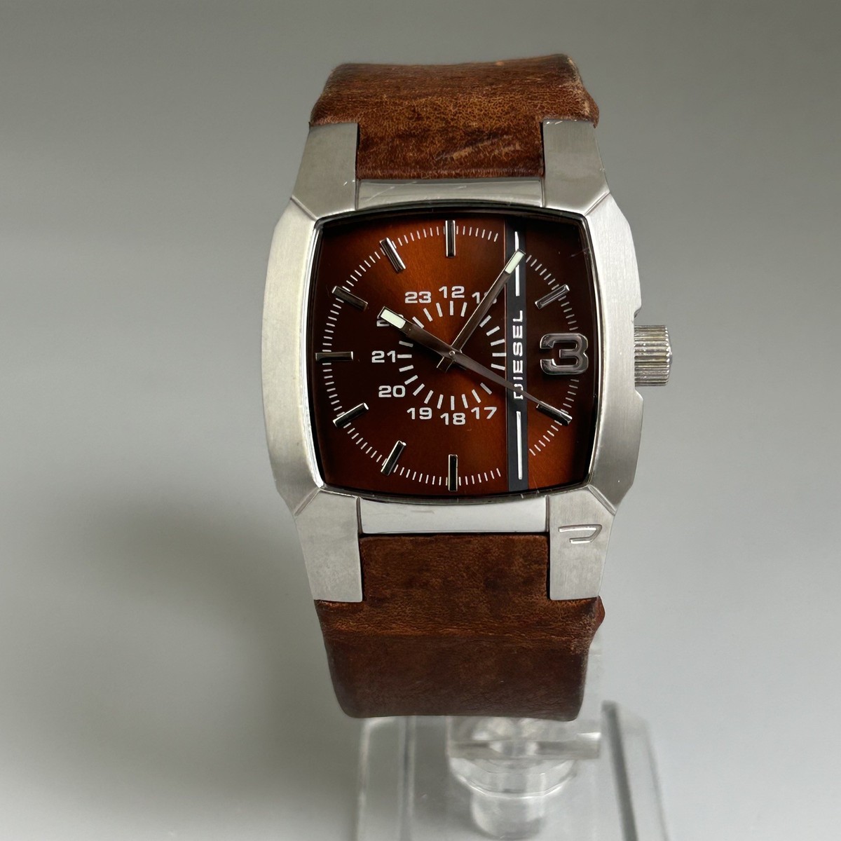 Diesel DZ-1090 Mens Watch Brown Dial Leather Strap Square Steel