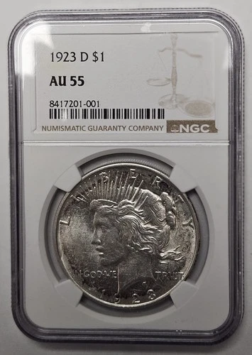 1923 D Denver Mint Peace Silver Dollar NGC AU 55