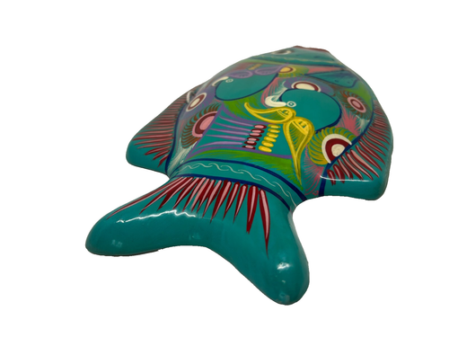 Vintage Mexican Folk Art Clay Pottery Hand Painted Fish Plate Wall Hanging - Picture 4 of 6