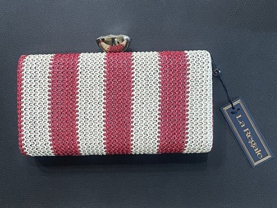 New La Regale Natural/Red Pink Stripe Clutch Cross Body Minaudière Crystal Clasp