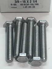 New 3/8-16 X 2-1/4" Hex Head Cap Bolt, Full Thread, Stainless Steel (10ea)
