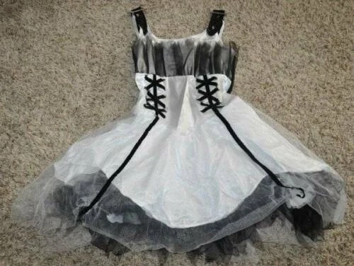 Fantasia de Halloween bailarina gótica 8/10 vestido preto branco, tiara, mangas meninas - Imagem 3 de 4