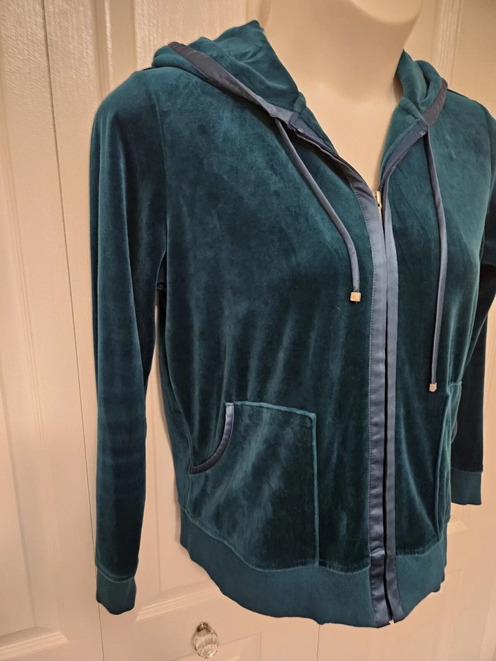 Liz Claiborne Women's XL Knit Velour Dark Teal Zip Up Hooded Hoodie Jacket - Image 4 of 4