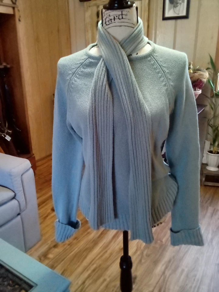 Pierre Cardin Cotton Sage Green Open Knit  Sweater Top Attached Scarf, Sz L  - Image 2 of 4