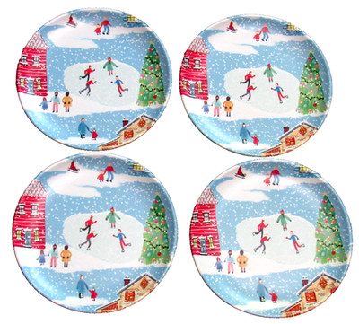 Artisan De Luxe Christmas Winter Skate Party 8.5 in 4 Melamine Salad Side Plates