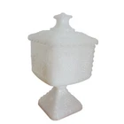 Vintage Milk Glass Candy Dish Pedestal With Lid Grapes And Leaves Square Harvest